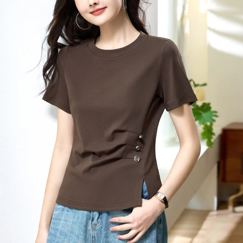 短款圆领褶皱短袖T恤女2025夏季新款时尚洋气纽扣设计感开叉上衣