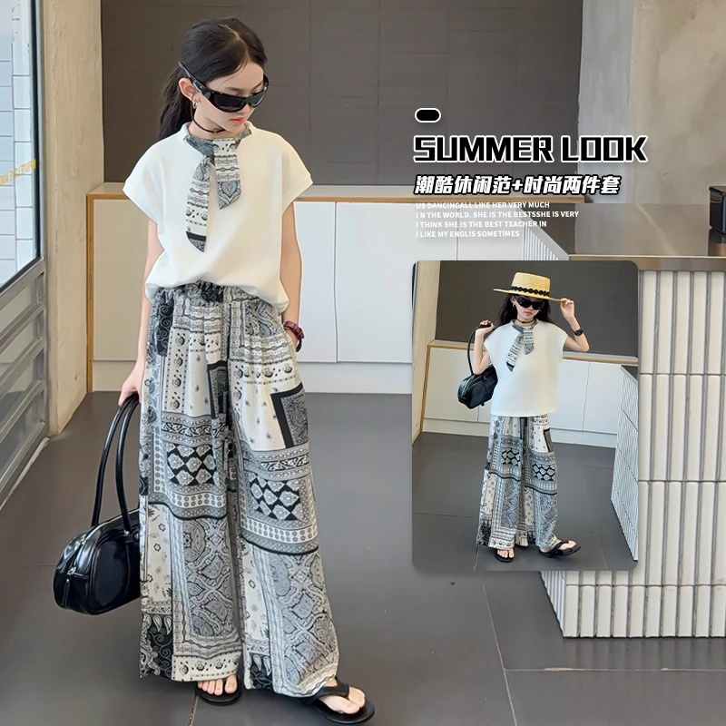 女童大童个性印花两件套儿童休闲套装8-15岁女孩夏季阔腿裤加上衣