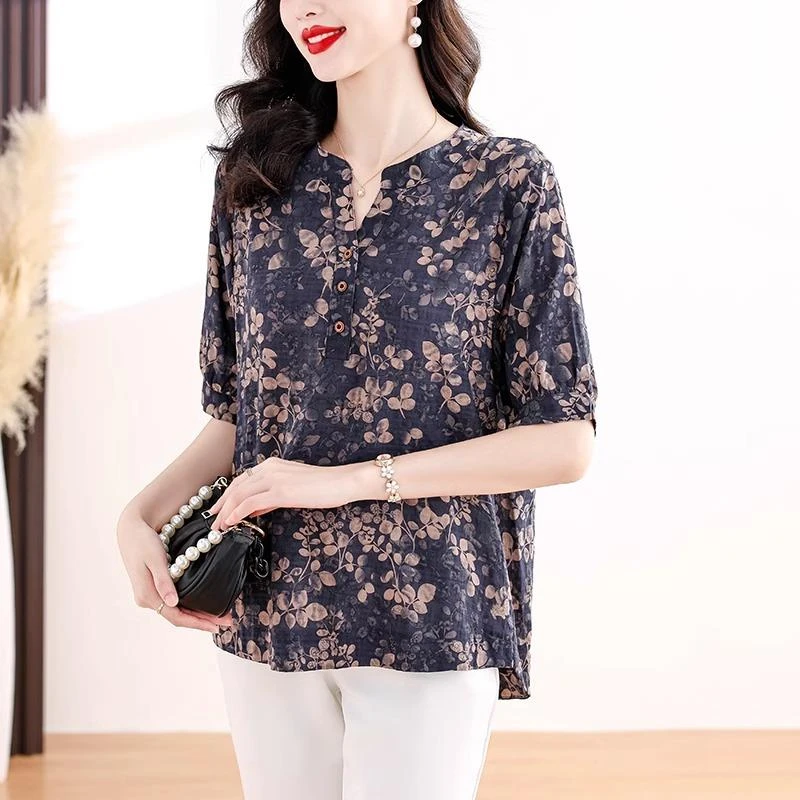 妈妈夏装棉麻碎花短袖衬衫女夏季2025新款衬衣女士减龄显瘦上衣夏