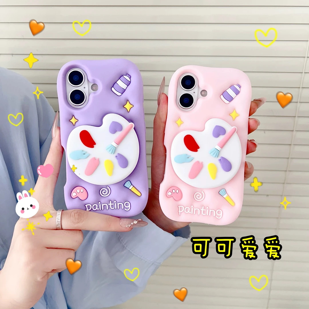 苹果|彩绘画盘支架可爱创意适用iPhone16卡通ins解压15硅胶手机壳
