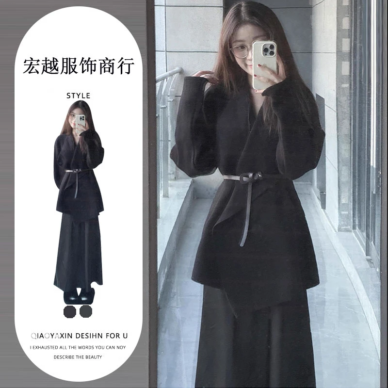 御姐轻熟风穿搭套装女秋冬设计感不规则针织毛衣高腰中长款半身裙