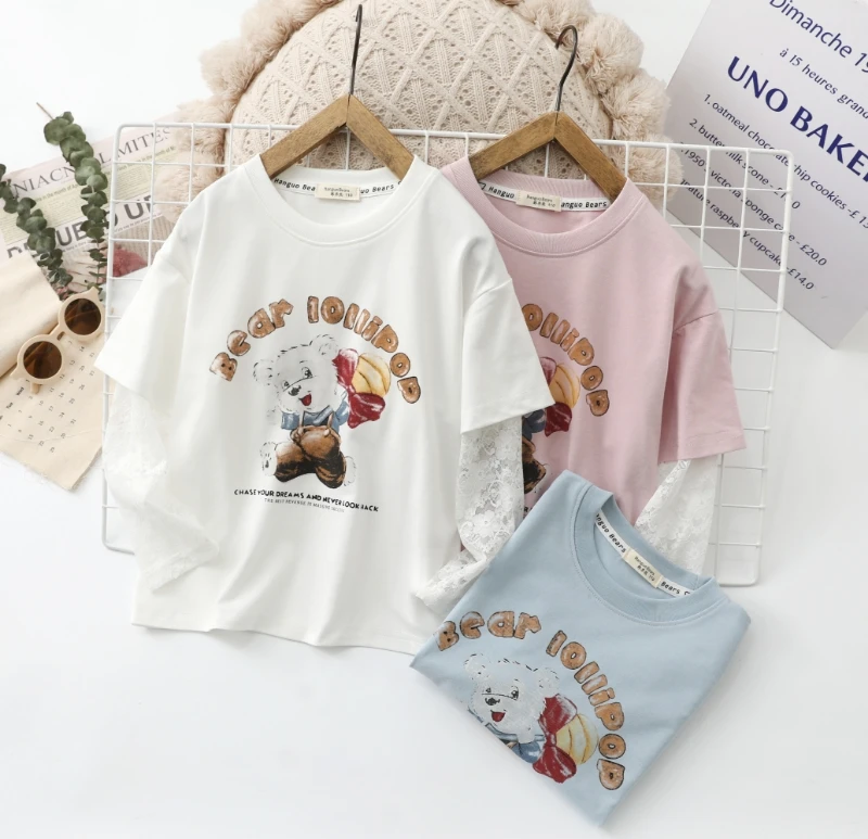 女童春夏款卡通小熊满印蕾丝拼接假两件T恤