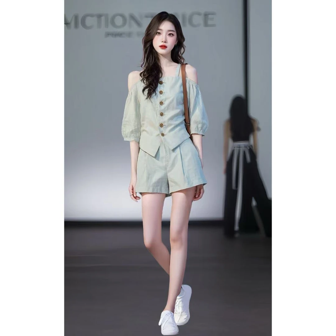 2025夏季套装韩系小香风独特绝美一字肩吊带短袖上衣短裤两件套装