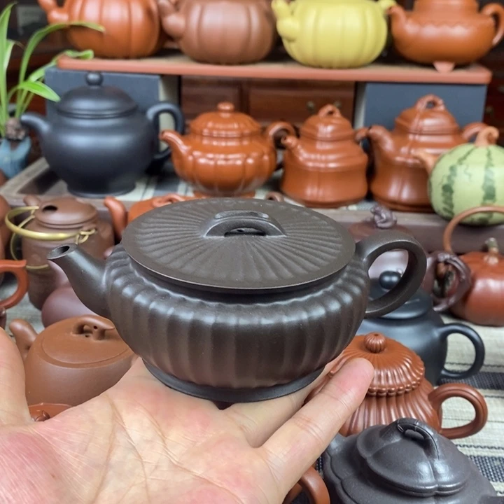 紫砂茶壶筋纹汉瓦260Cc原生矿黑料特价