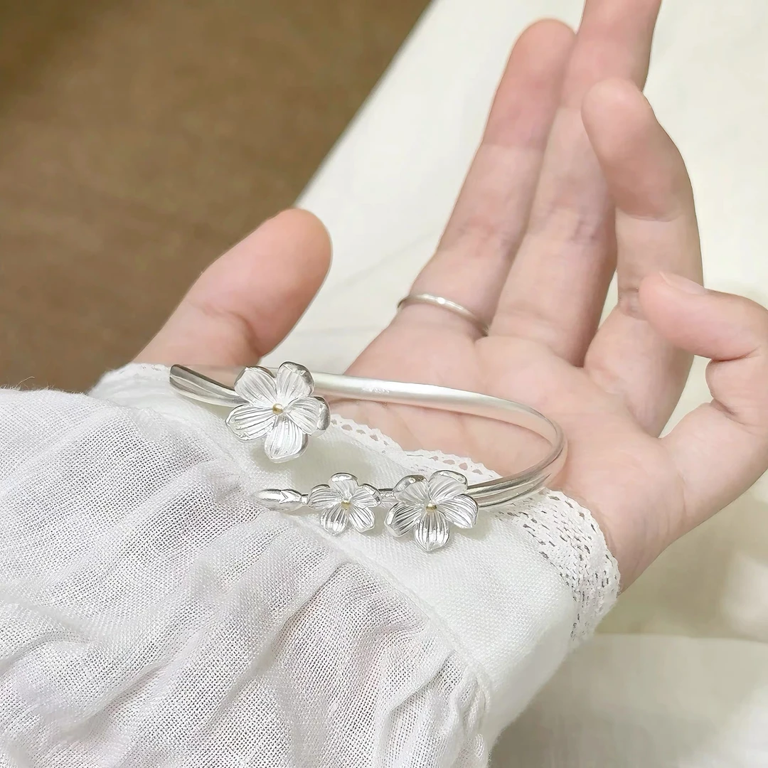 足银手镯 足银999.9桃花探窗桃花开口手镯M35