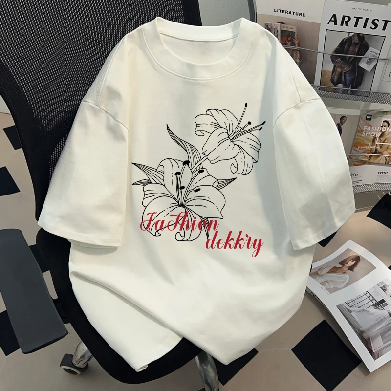 jtrt美式花朵印花圆领短袖T恤男女夏季设计小众宽松半袖体恤上衣