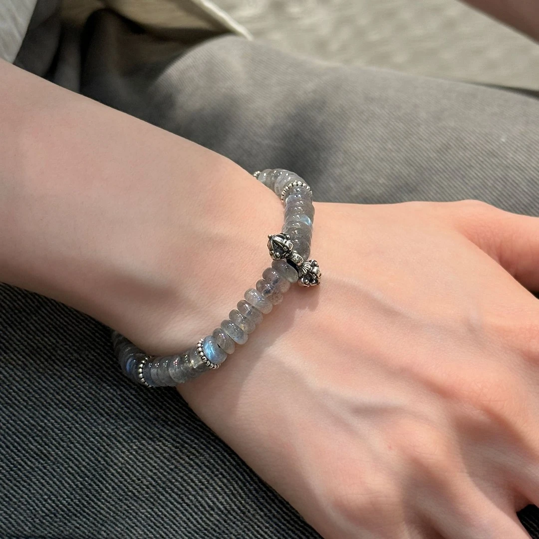 925银手链 S10541<意境>灰月光算盘珠杵杵弹力手串手链百搭民族风