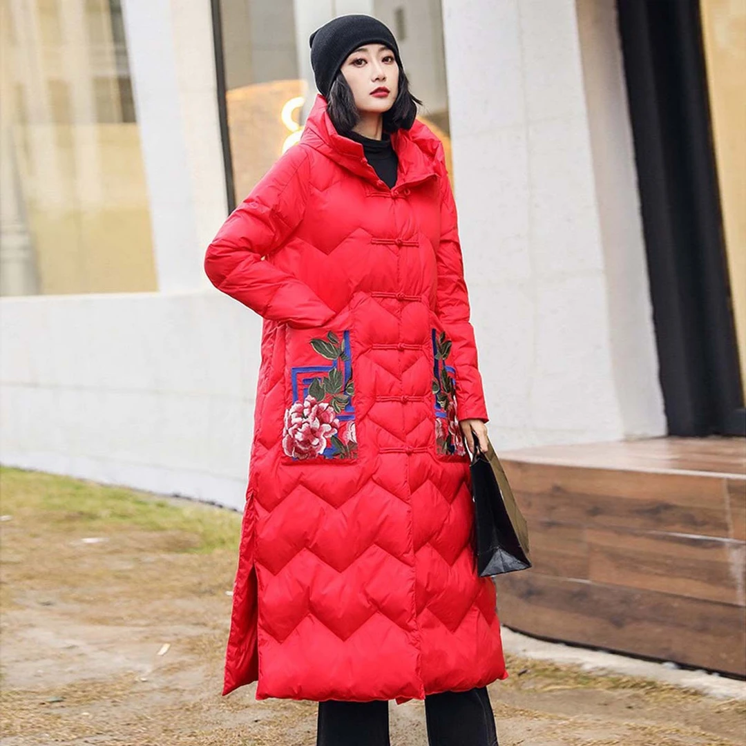 《M8牡丹花》盘扣女中长款民族风刺绣加厚保暖大衣外套连帽妈妈装