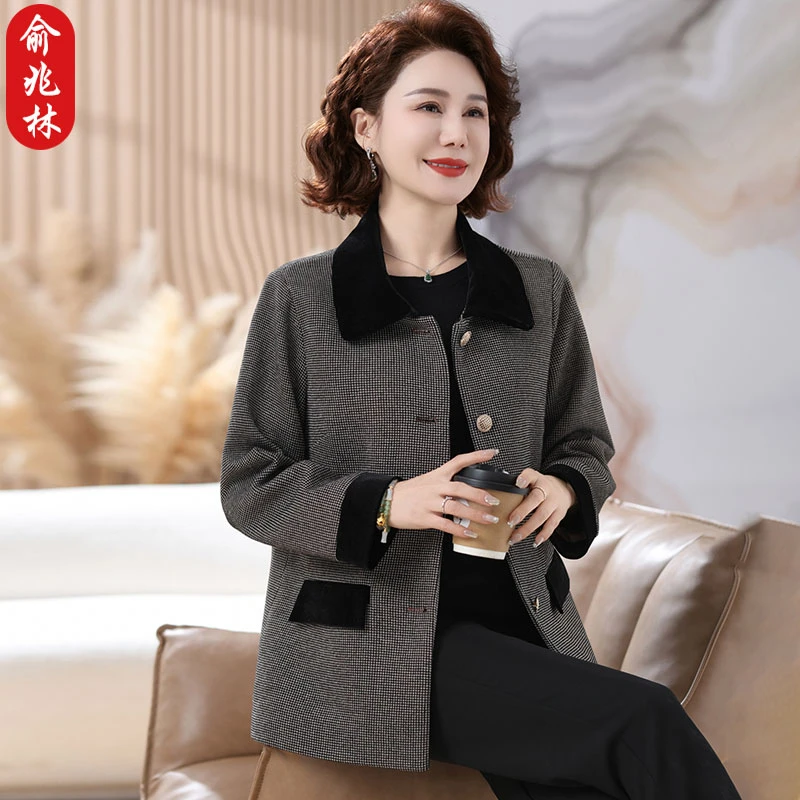 俞兆林中老年春秋呢子外套2025新款阔太太格子上衣短款显瘦妈妈装