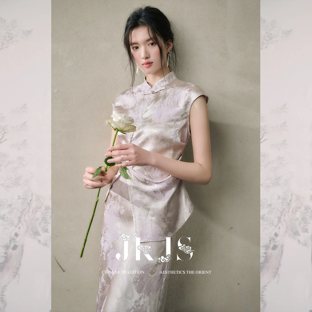 JKJS【花信风】人丝交织提花 盘扣短袖t恤女2025新款新中式上衣