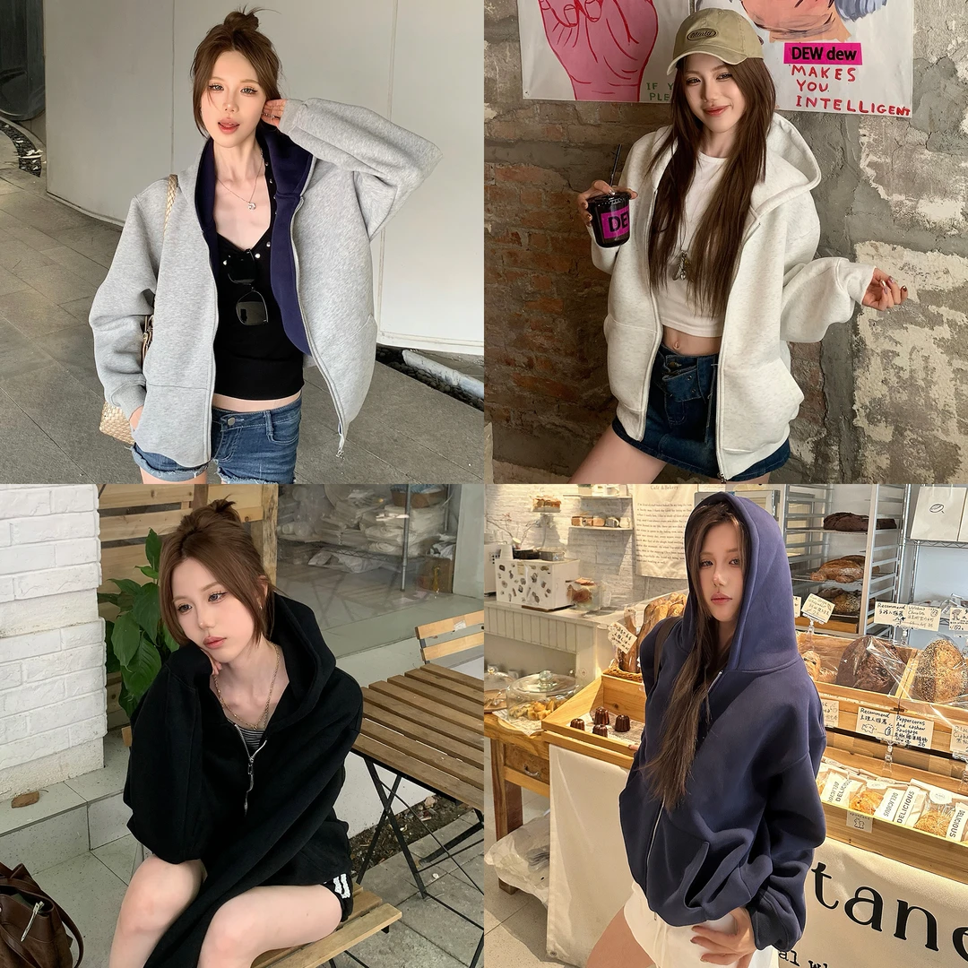 ins风辣妹日常480克高克重双拉链纯色撞色连帽重磅卫衣外套