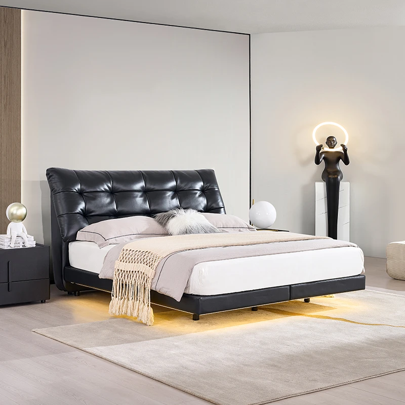大黑熊悬浮床意式极简真皮主卧大床黑色中古风头层牛皮双人床1022