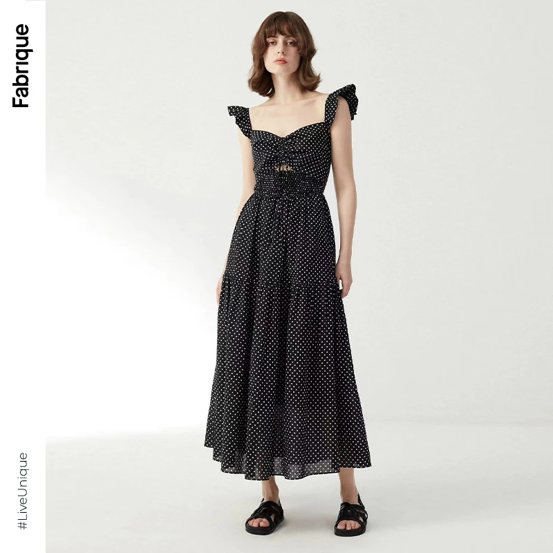 【Fabrique】 小飞袖黑色连衣裙吊带一字肩波点镂空时尚气质长裙