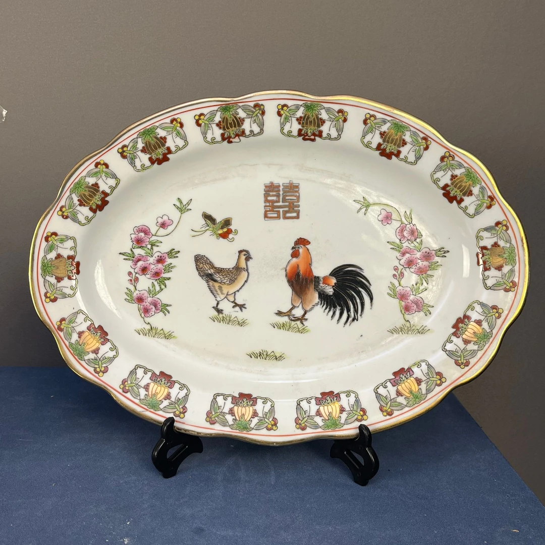 【微瑕慎拍】054景德镇老厂瓷金鸡报喜系列赏鱼盘