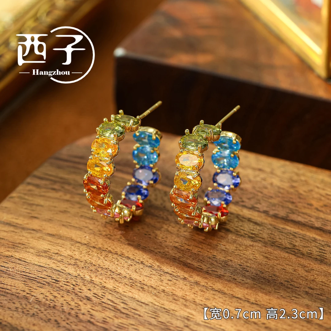 西子饰品镀18K金【彩宝C圈耳环】优雅高级感S925纯银针30岁上档次女