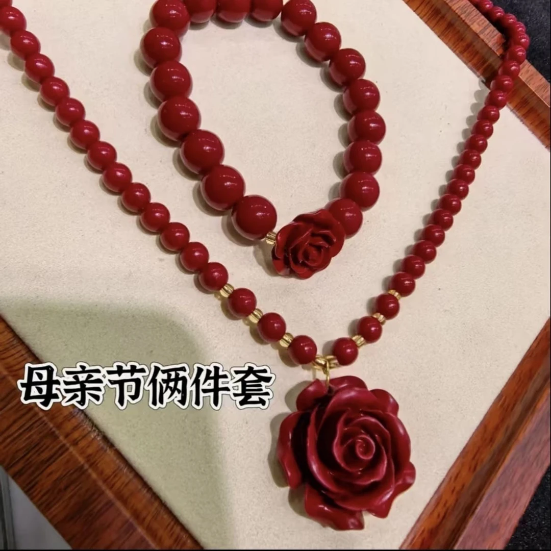 天然辰砂【母亲节特惠】玫瑰花项链手串典雅大气辰砂玫瑰项链手串典