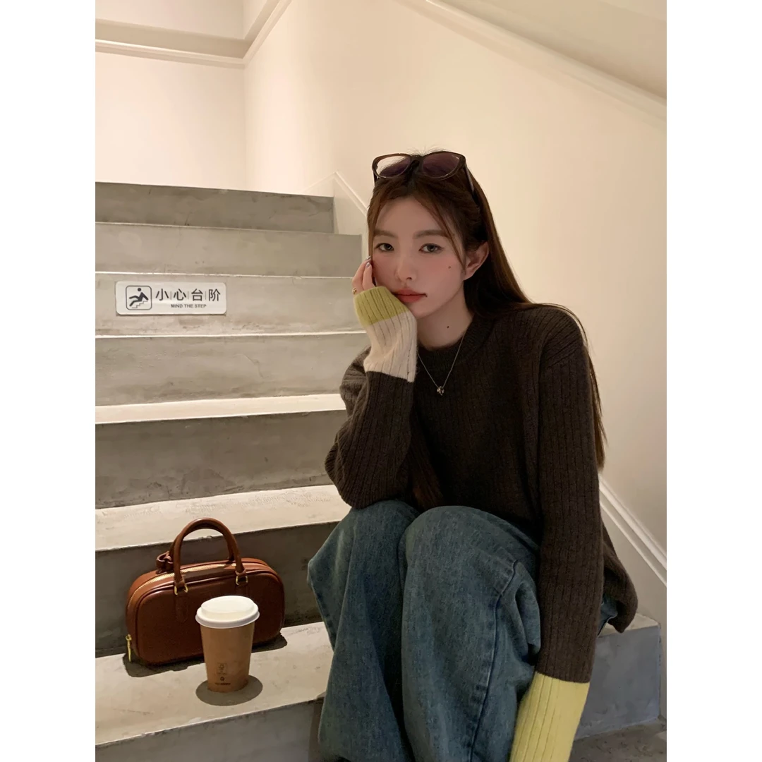 圆领撞色套头毛衣女秋冬季2025新款慵懒风软糯宽松加厚针织衫上衣