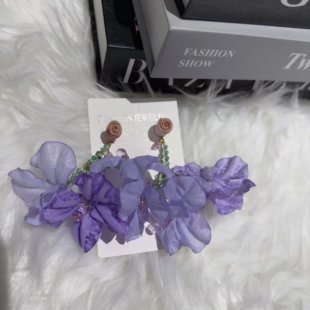 非金属布艺耳饰 馨儿专属【徜徉花海】甜美长款紫色耳饰耳夹XY133