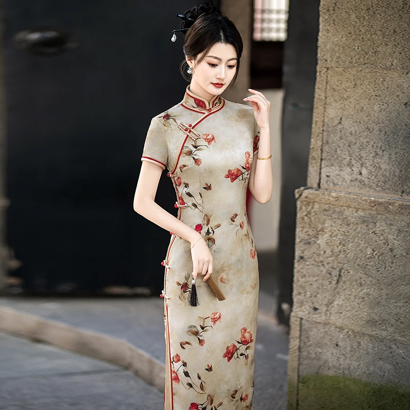 高档旗袍长款改良夏季新款年轻复古民国风修身连衣裙气质双层短袖