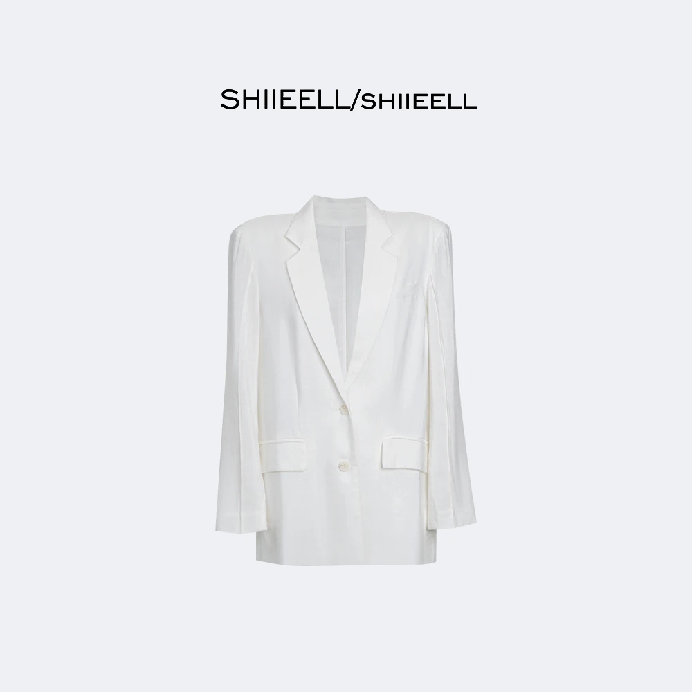 SHIIEELL白色气质简约百搭设计感立裁亚麻混纺廓形西装外套Z8114