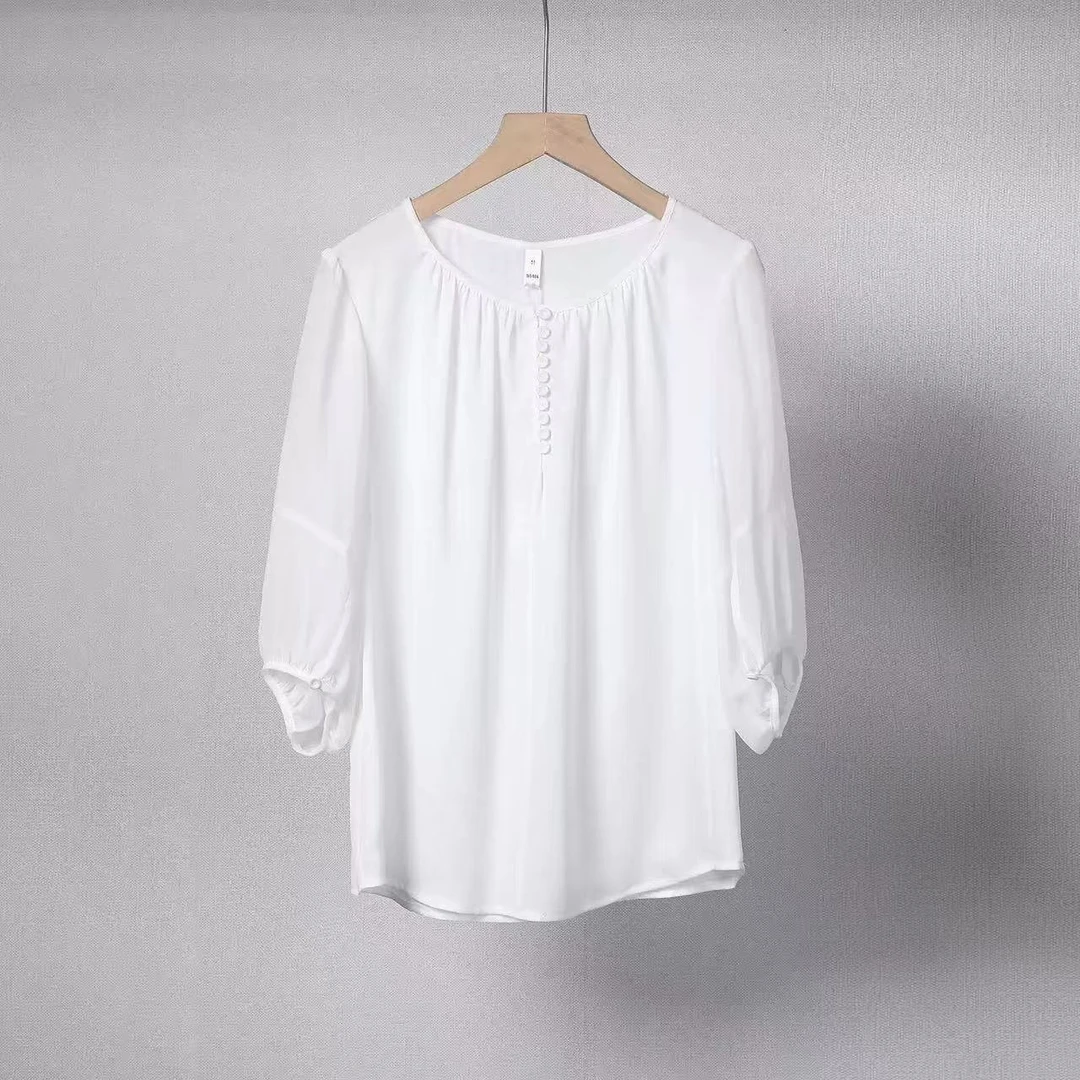 [QX528]2025年爆款衬衫女夏季荷叶边v领中袖上衣时尚百搭
