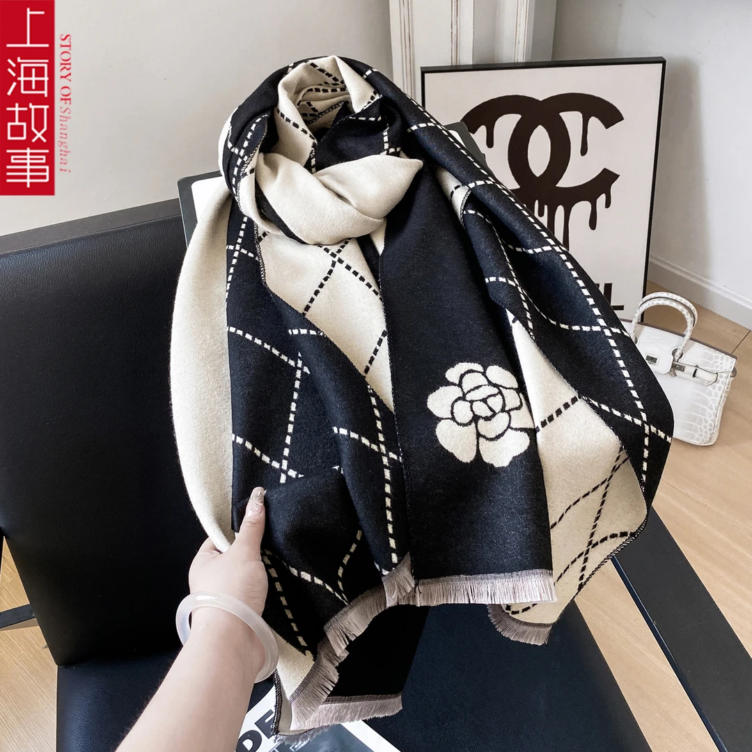 010上海故事法式山茶花款双面两用仿羊绒办公室保暖大披肩180*65