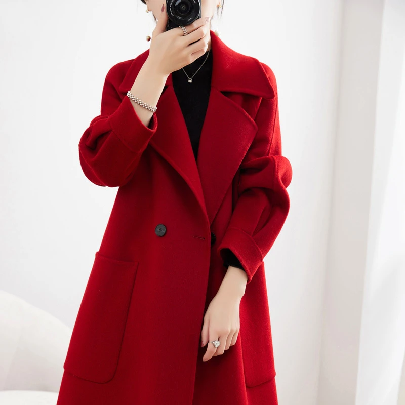 羊毛双面呢大衣女宽松过膝长款高端气质洋气毛呢大口袋通勤西装领
