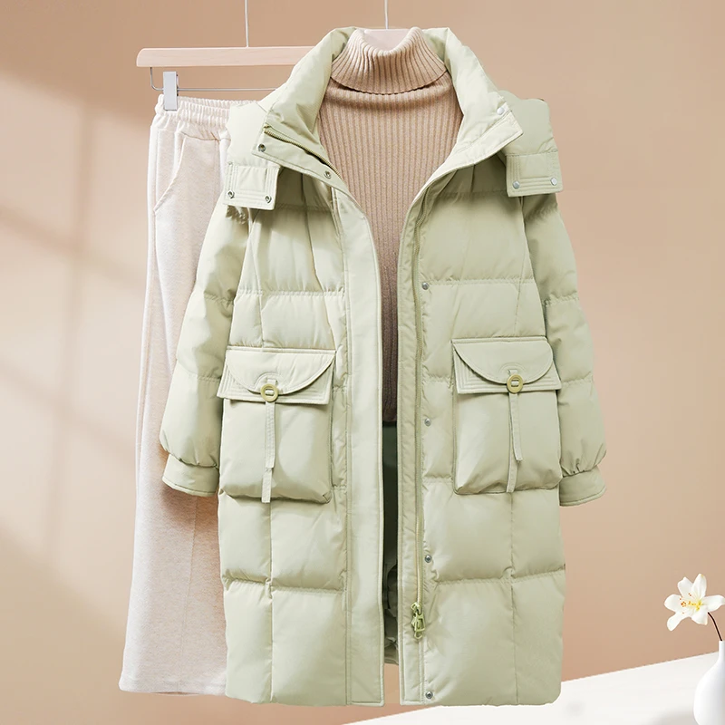 2024年新款秋冬90绒羽绒服连帽质感中长款外套保暖冬修身加厚冬季