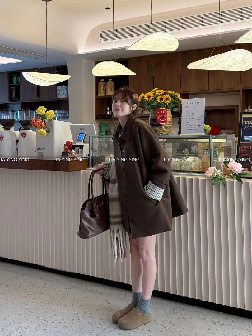 【森林小鹿】满满胶片感～秋冬氛围大衣～定制格子～韩国秋冬呢子外套