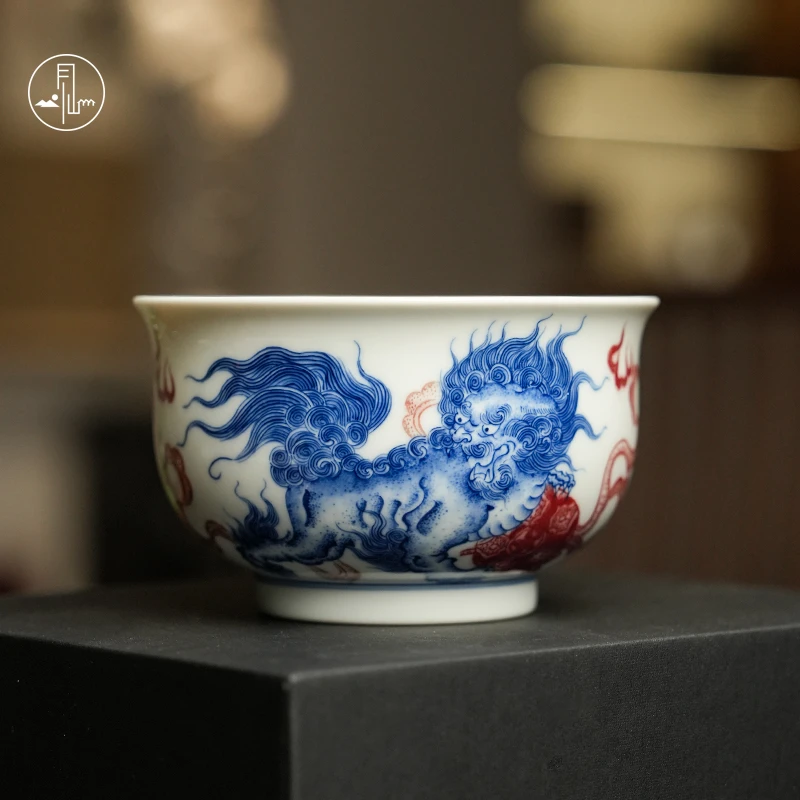 【鹏友专属】见山烧釉里红双狮绣球杯