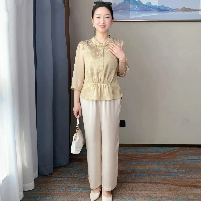 新品推荐气质妈妈装纱袖小衫套装2025夏季新款中年女装新中式上衣