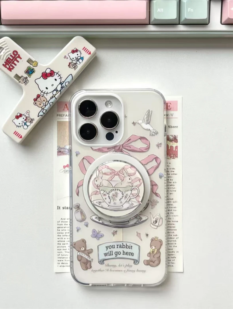 兔子茶会话磁吸ins双层IMD苹果16promax手机壳iPhone15女款14防摔