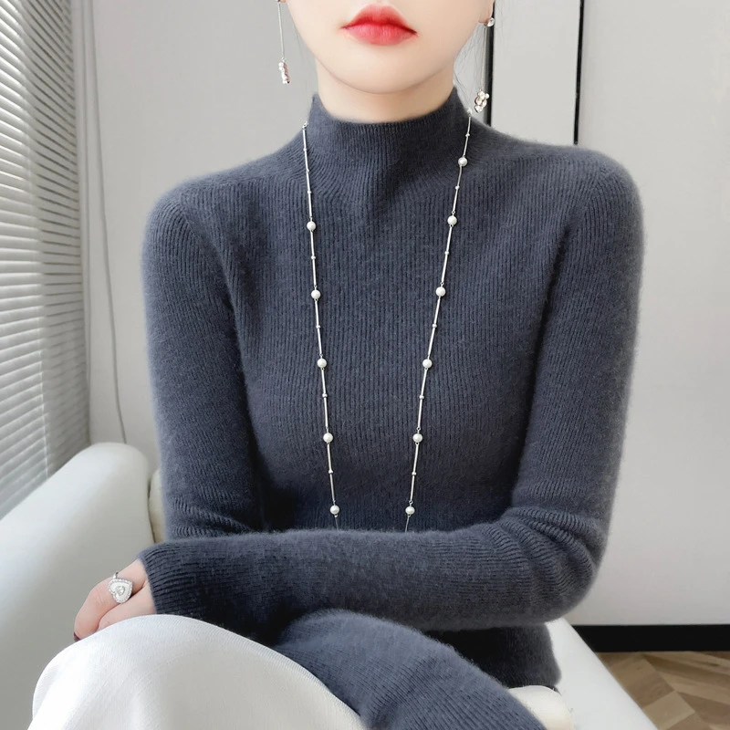 2025新款抽条半高领纯羊毛衫女装修身毛衣百搭秋冬针织打底羊绒衫