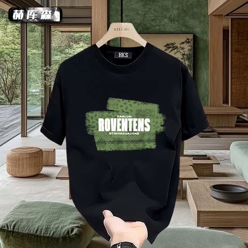 赫库森韩系炸街ins字母图案宽松圆领男士透气上衣T恤重磅纯棉短袖