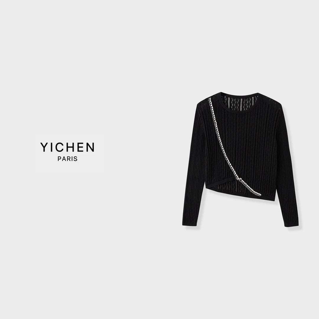 YC 重工不规则钉钻圆领镂空提花斜裁针织衫-2934