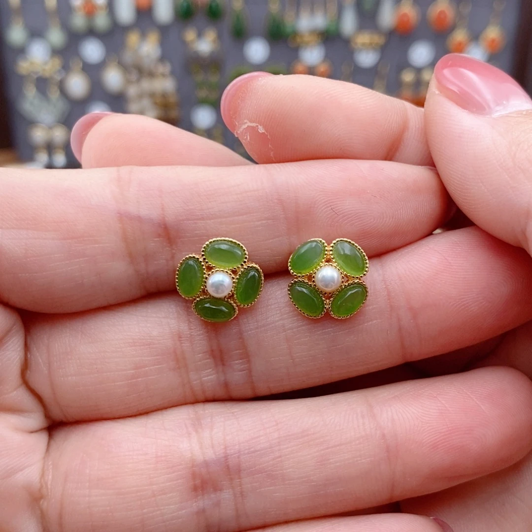 银S925镶嵌和田玉耳饰