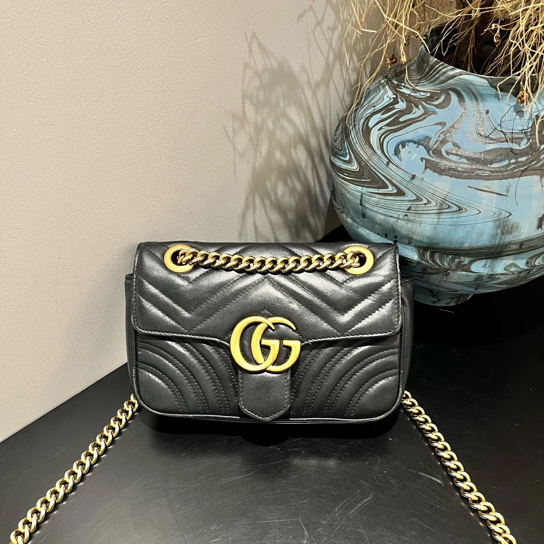 95新 GUCCI/古驰 黑金 马蒙22链条包16292021