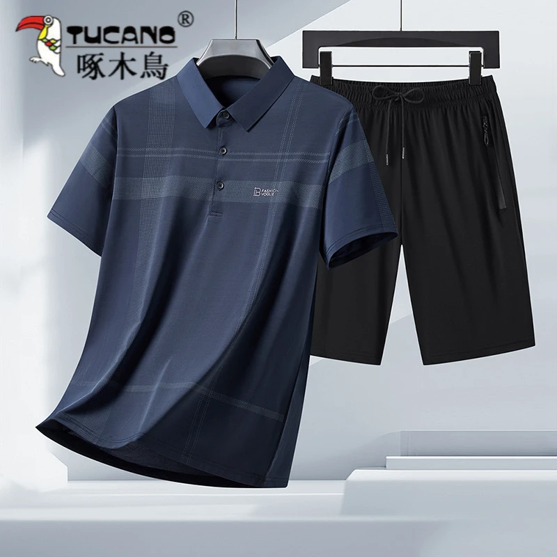 TUCANO/啄木鳥夏季冰丝翻领polo衫五分裤一套装男士休闲运动套装