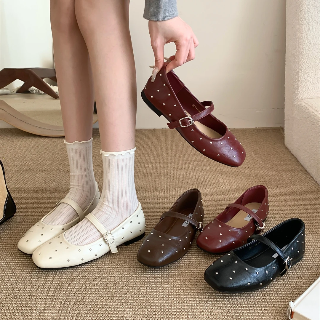 软底版~法式平底复古一字扣带玛丽珍鞋女满天星晚晚鞋芭蕾舞单鞋