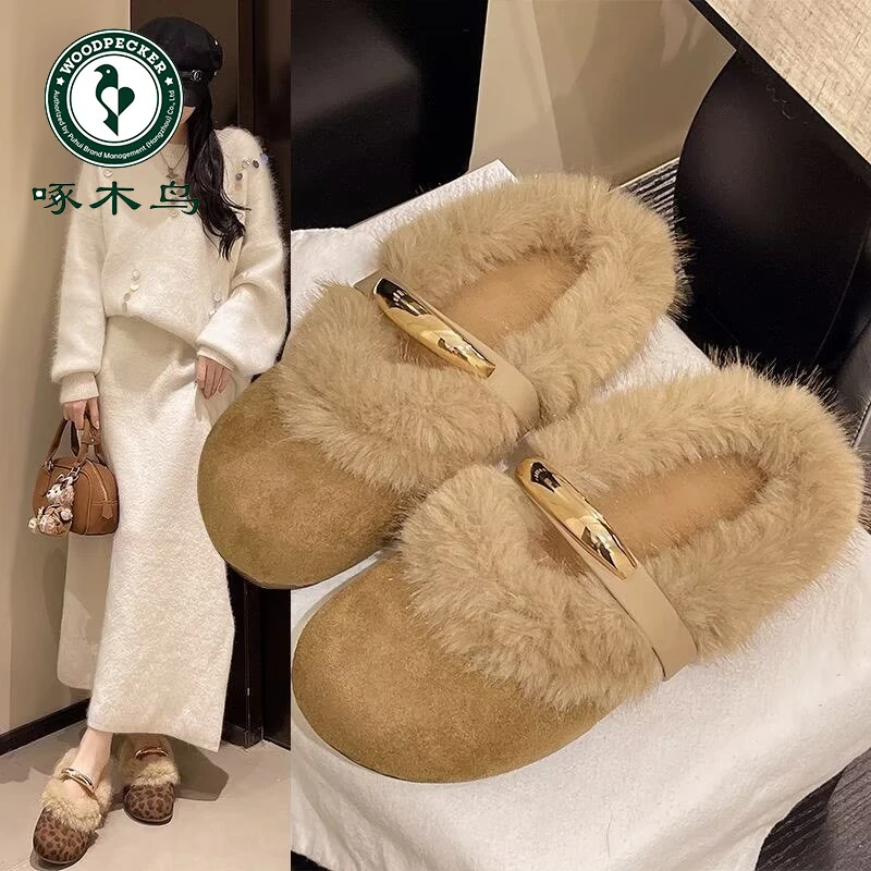 啄木鸟巨好看平底加绒勃肯鞋包头半拖鞋女外穿冬季懒人毛毛棉拖鞋