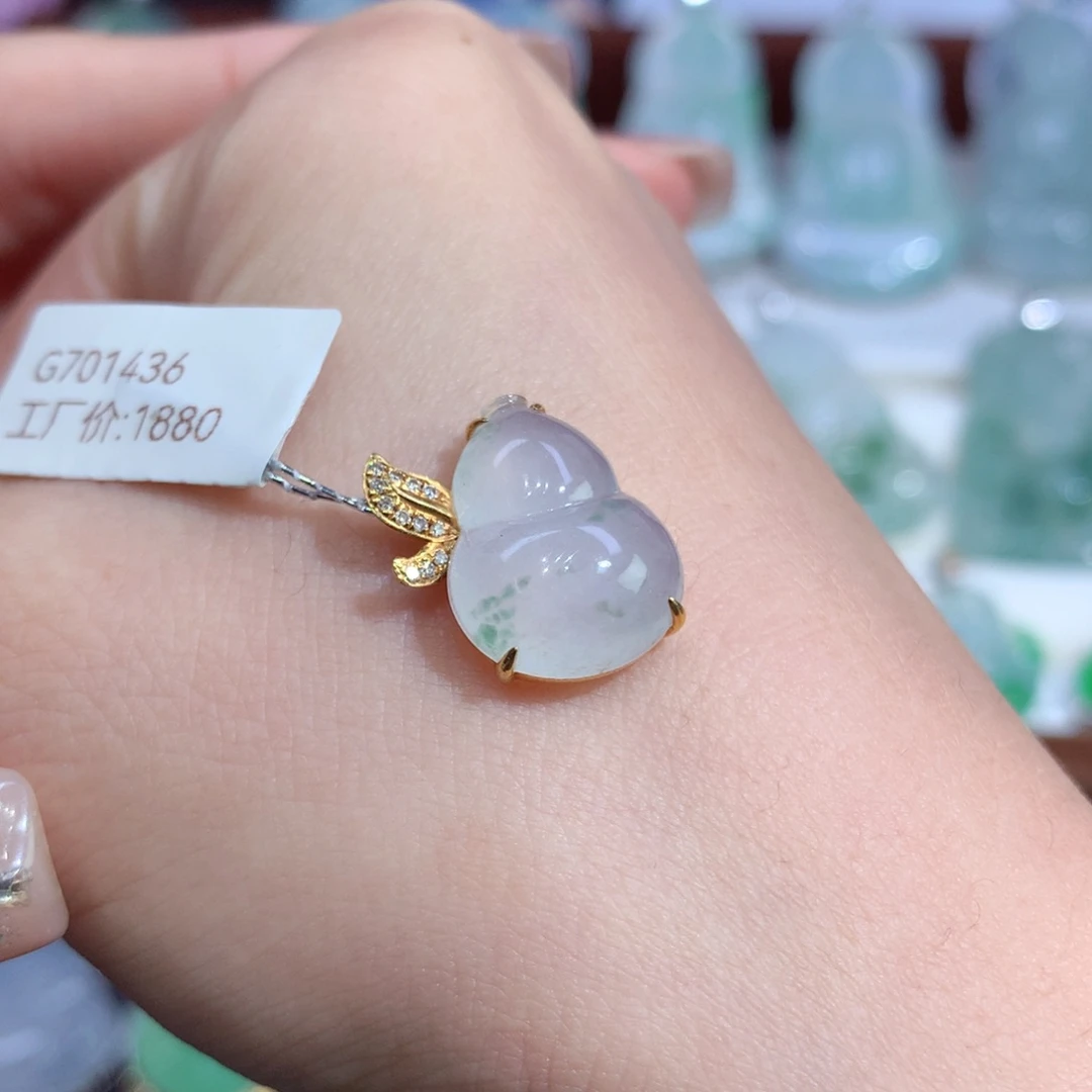 吊坠(不含链)18K金镶嵌翡翠天然缅甸A货翡翠揭阳工葫芦