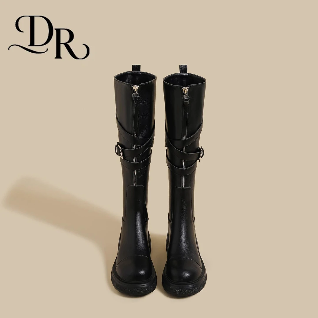 鞋子女款爆款2025新款秋冬女黑色拉链皮带扣瘦瘦靴不过膝骑士长靴