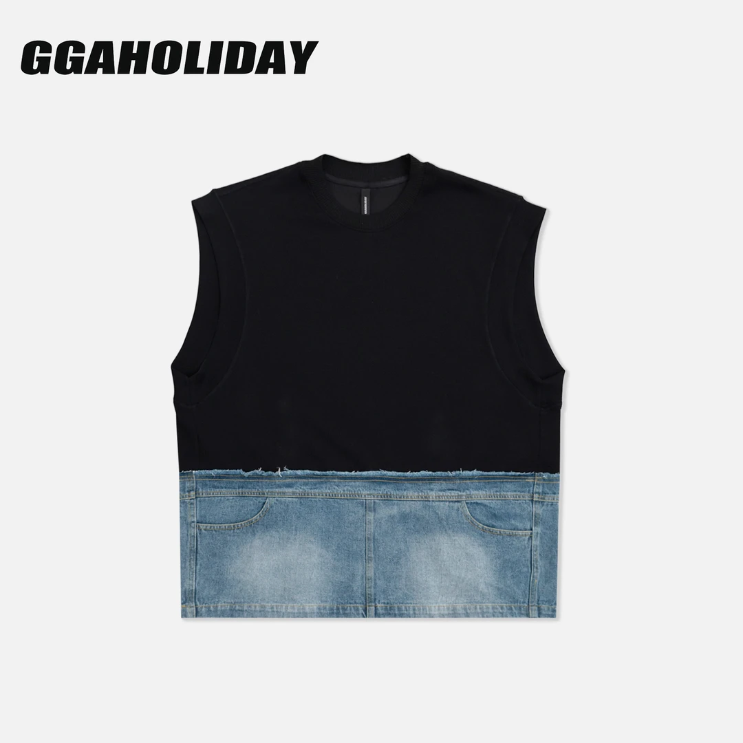 GGAHOLIDAY复古宽松牛仔拼接撞色时尚潮流无袖马甲卫衣-153159