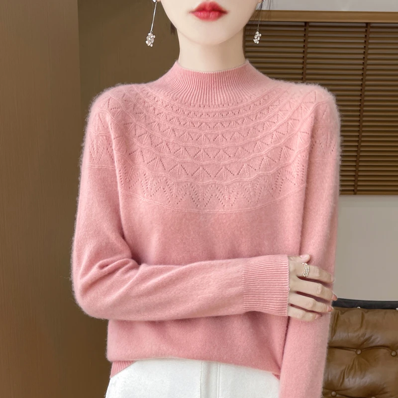 高端100%镂空羊毛衫女半高宽松显高显瘦一线成衣打底针织时尚2