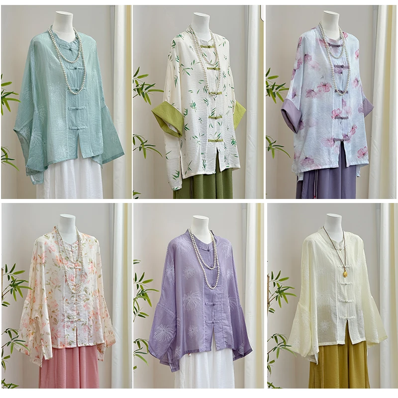 新中式衬衫女装中国风长袖衬衣古风宽松小衫夏防晒立领盘扣上衣