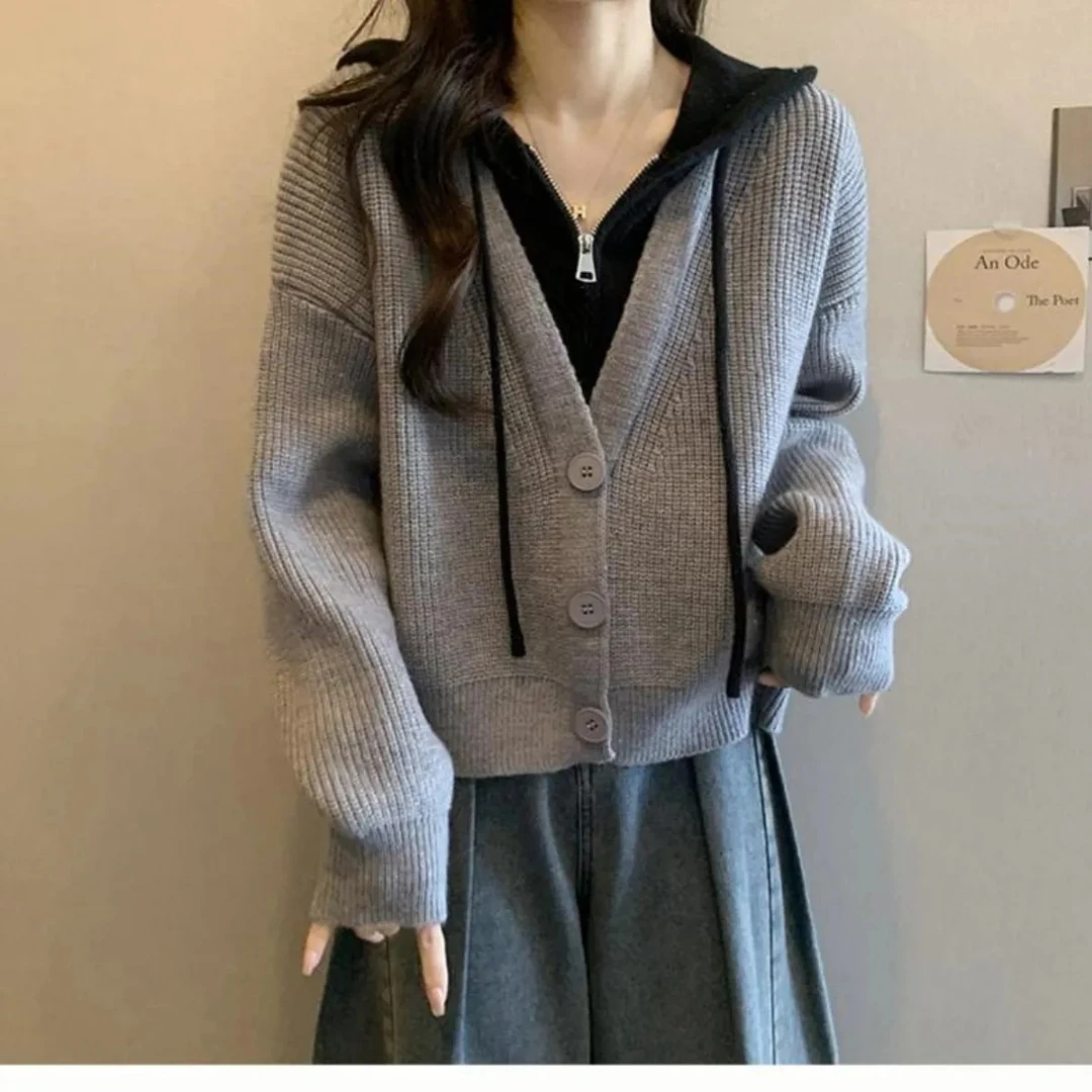 韩版假两件连帽毛衣外套2025秋季新款设计高级感宽松显瘦针织开衫