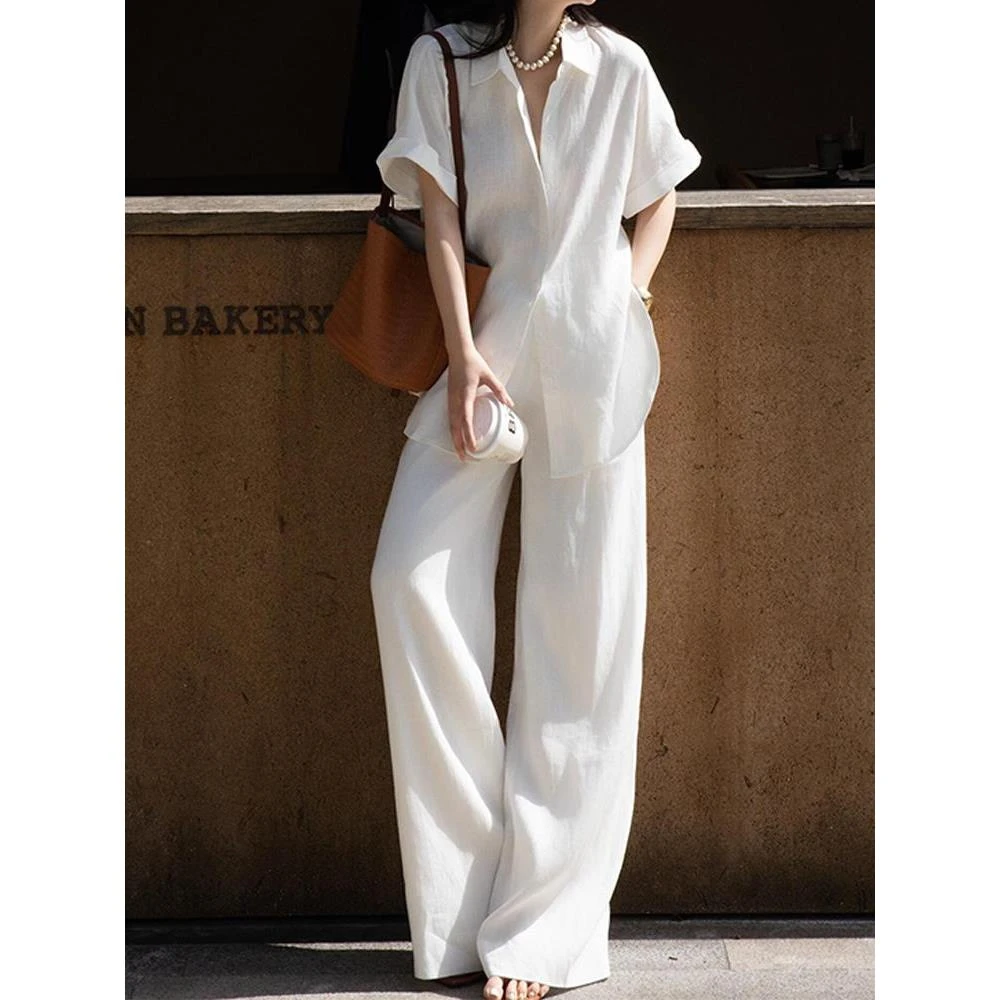 法式高级气质巨好看的白色亚麻衬衫长裤套装女2025夏季爆款两件套