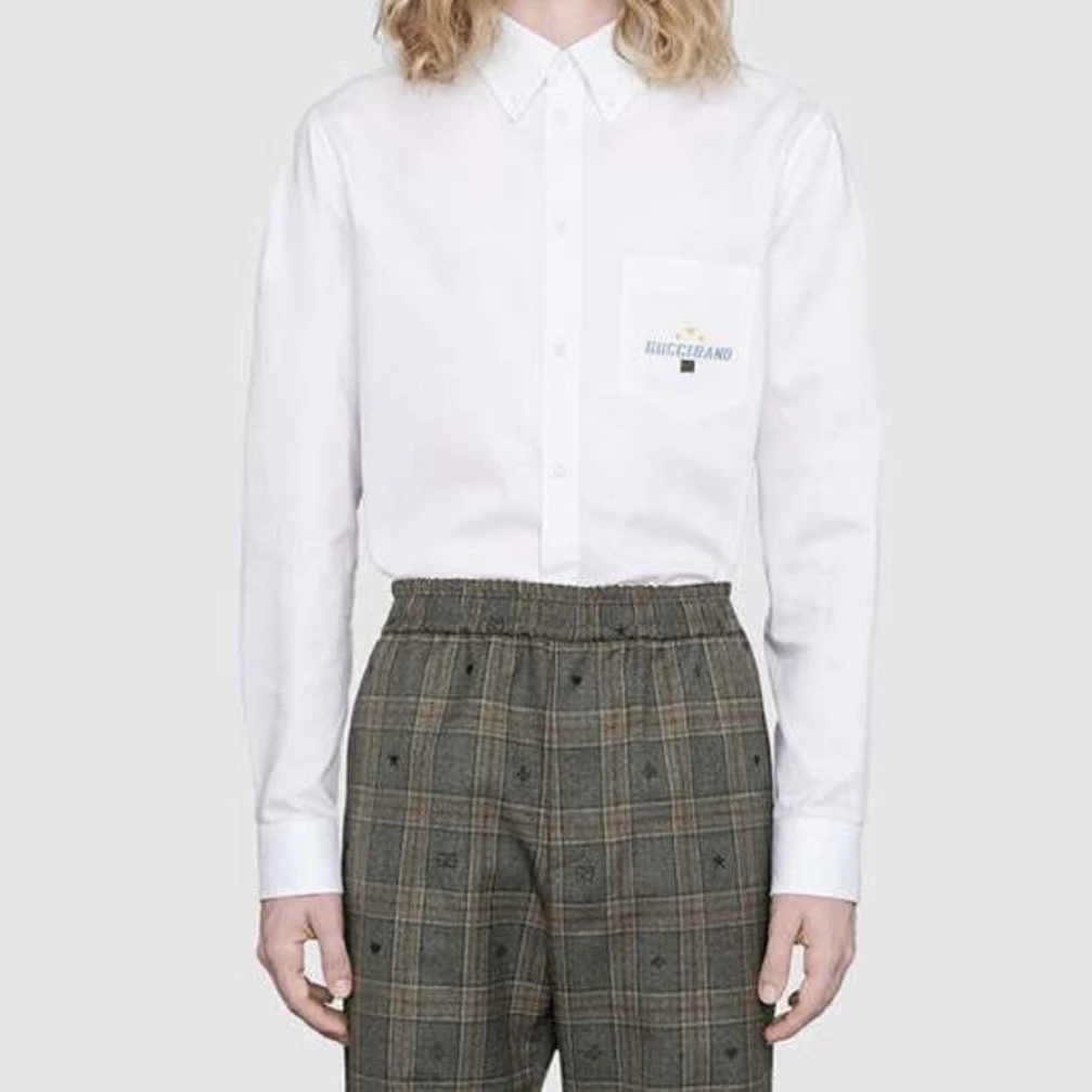 99新 GUCCI/古驰 7694/GUCCI 白色Logo刺绣长袖衬衫/39码/98新