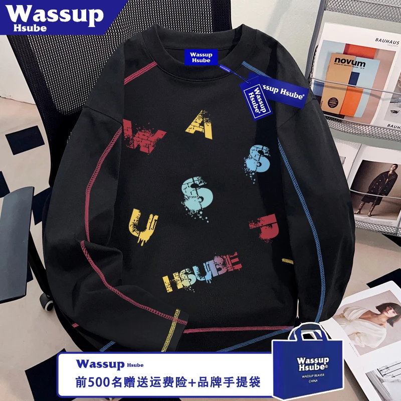 WASSUP HSUBE秋季黑色男女款上衣100%纯棉长袖彩色字母印花T恤ins