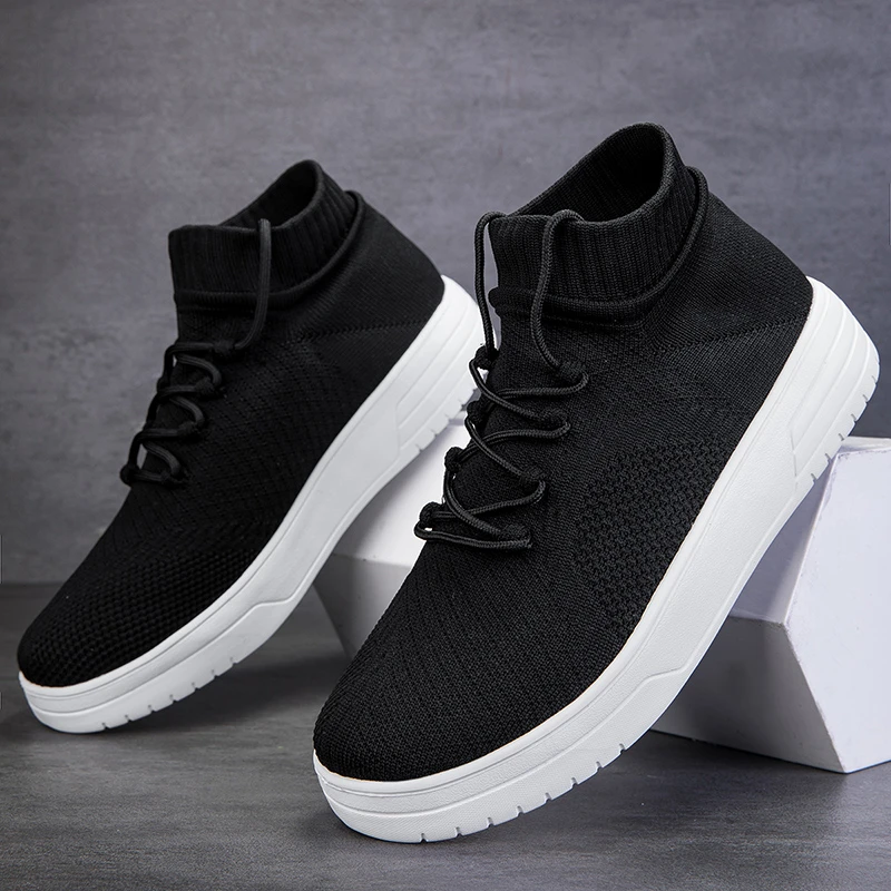 2025春秋新款纯网面男鞋大码厚底高帮袜子鞋男轻便情侣款休闲鞋男